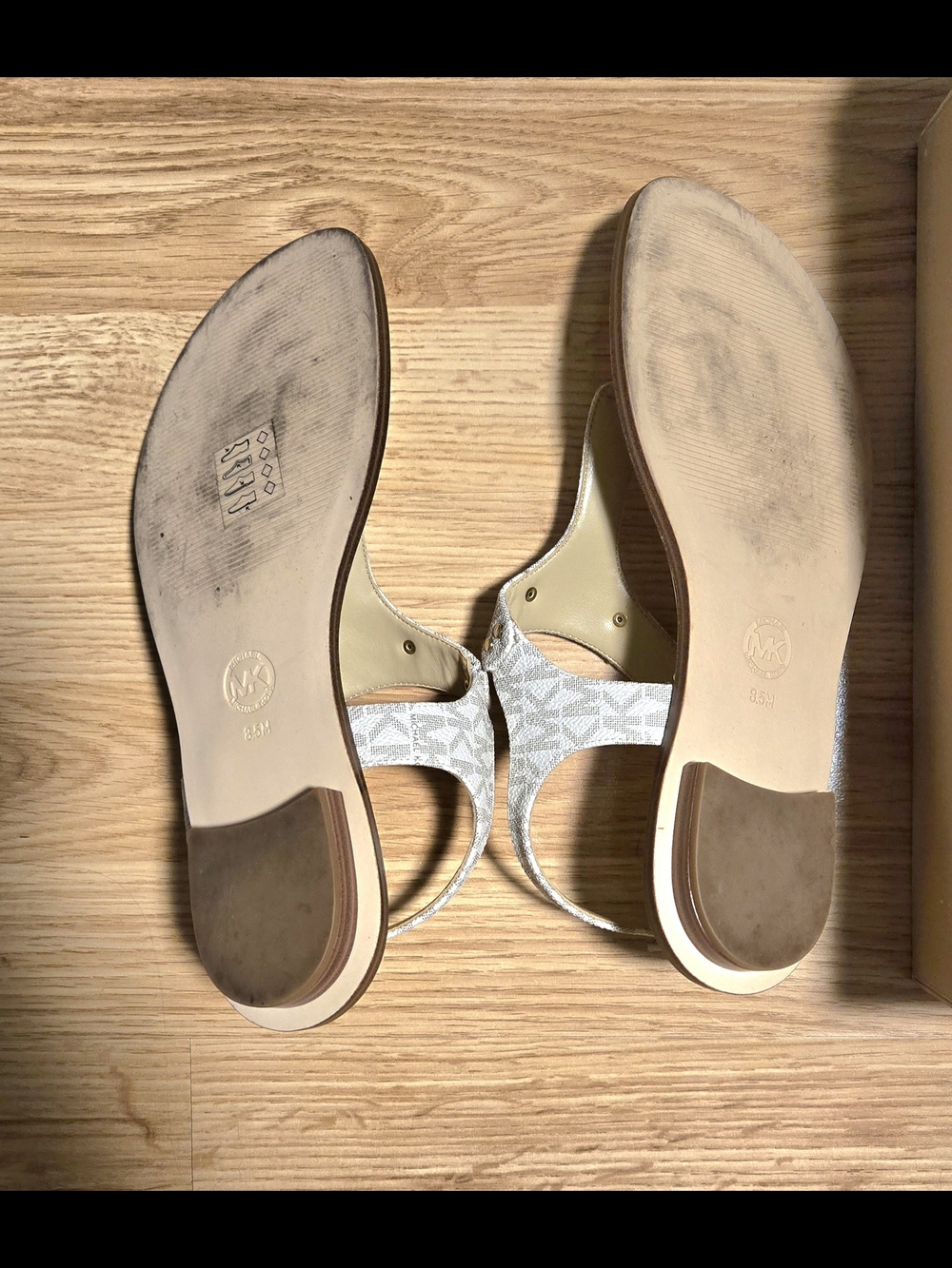 Michael Kors Beige Signature Monogram T-Strap Sandals with Gold Logo - Picture 5 of 6